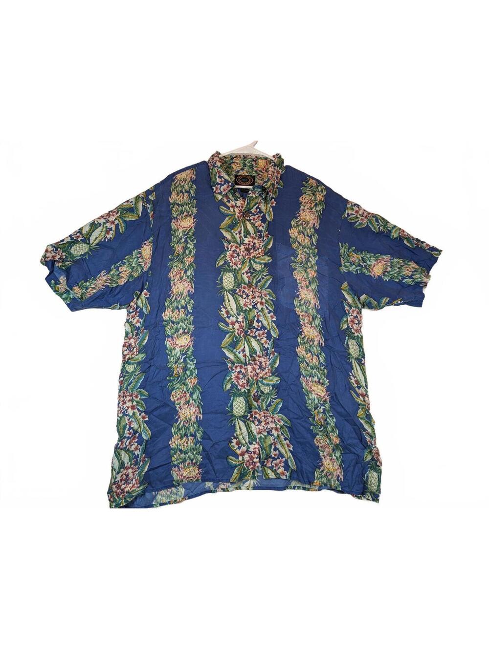 Hawaiian Silk Company Floral Pineapple Button Shirt Silk Camp Mens XL Blue